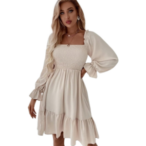 Sheln Ruffle Mini Dress Beige Smocked Long Sleeve